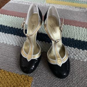Oh Deer, black sequined, sexy, T-strap party heels.